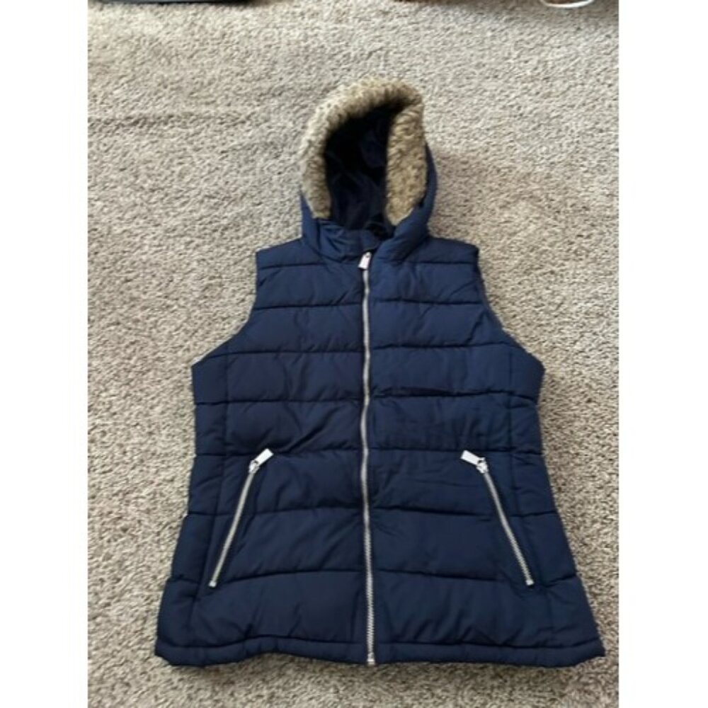 GAP Womens Navy Blue Winter Vest with faux fur-lined hood Size Small Full Zip